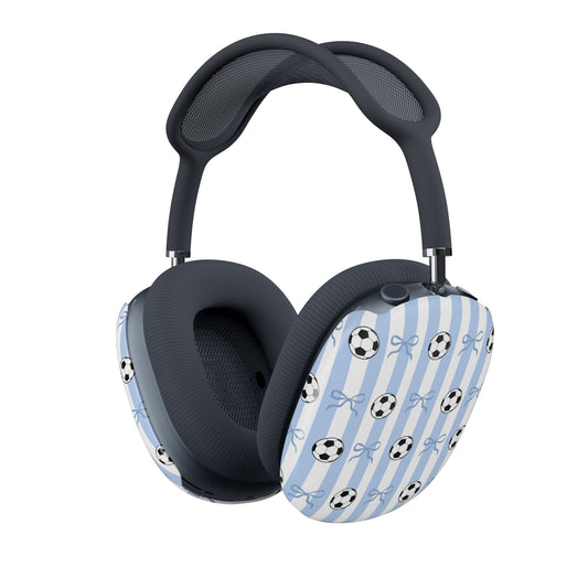 Soccer Stripes AirPods Max Ear Cup Covers — Blue Bow & Football Pattern