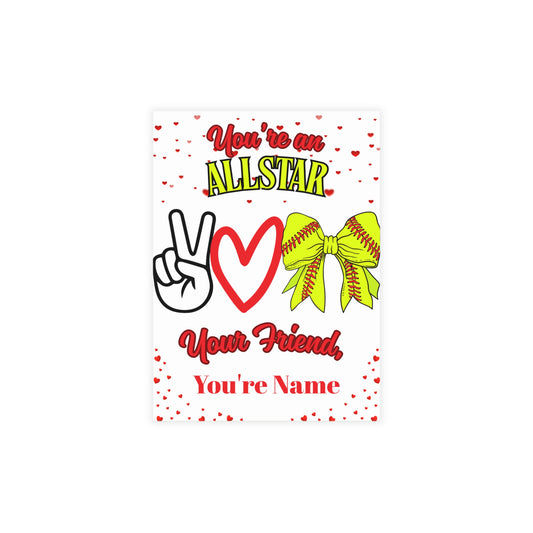 You’re an All-Star! Personalized Softball Valentine’s Day Cards- Postcard Bundles (envelopes included)