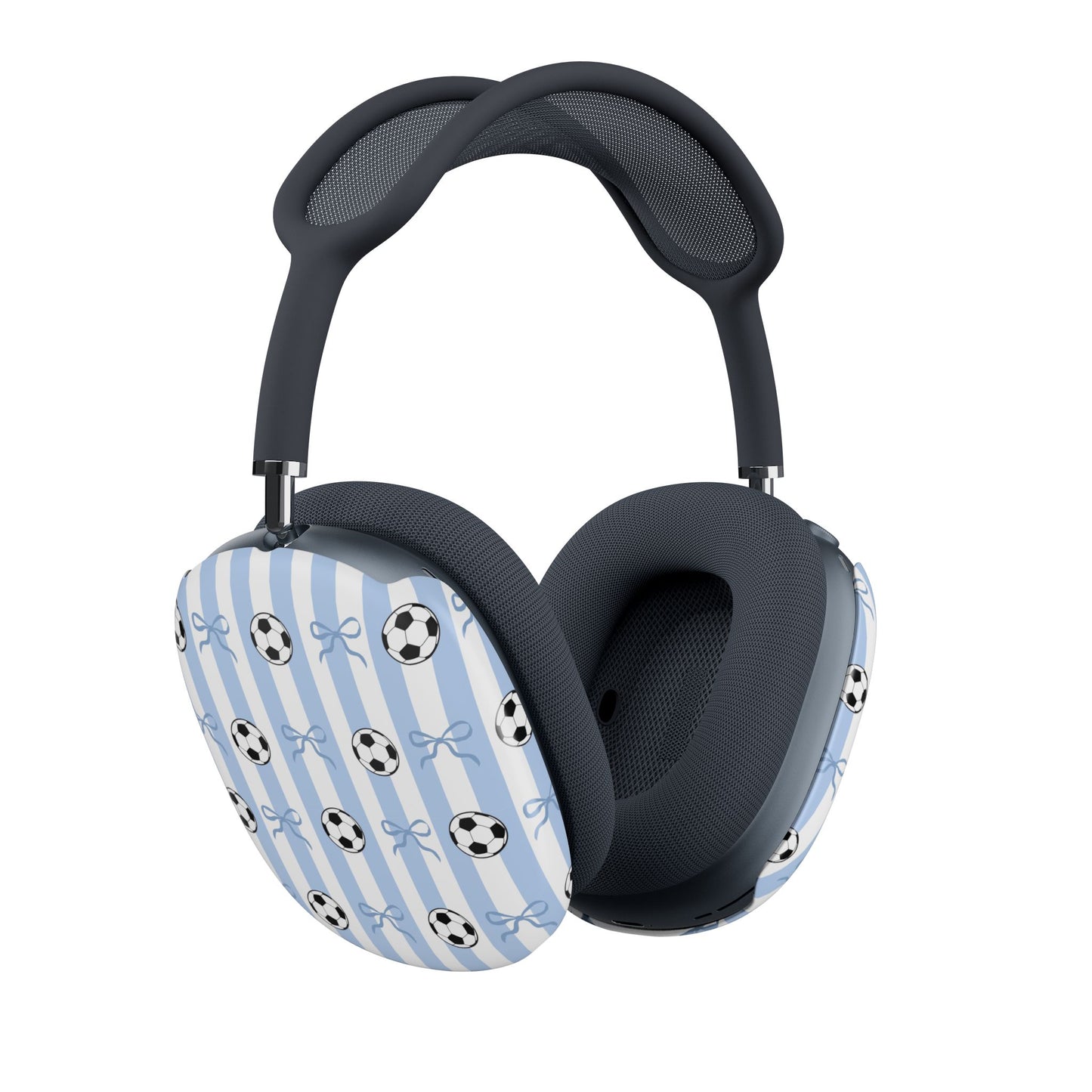 Soccer Stripes AirPods Max Ear Cup Covers — Blue Bow & Football Pattern
